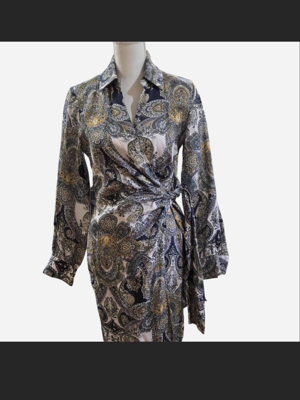 Magaschoni Paisley Wrap Dress in Navy, Olive & Cream